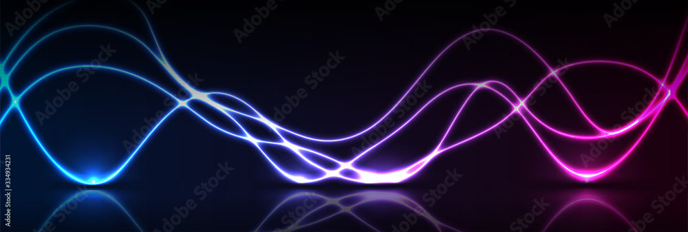 © saicle - Blue purple neon waves with reflection. Abstract shiny technology retro background. Futuristic glowing vector banner design