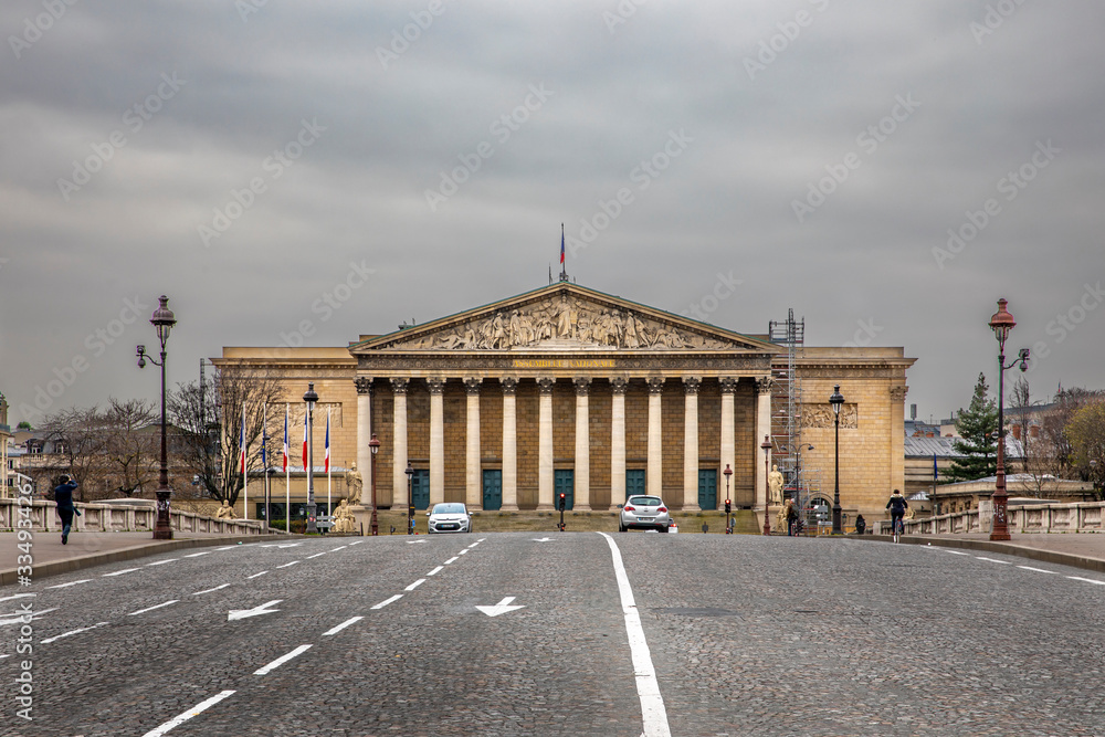 Paris, France - March 17, 2020: 1st day of containment because of Covid-19 pandemic at Place de la Concorde, near Champs Elysees in Paris