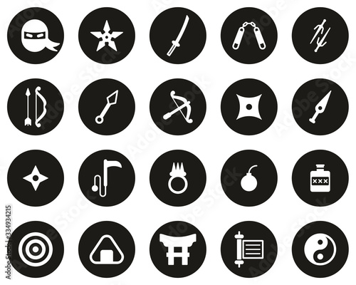 Ninja & Ninja Equipment Icons White On Black Flat Design Circle Set Big