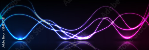 Blue purple neon waves with reflection. Abstract shiny technology retro background. Futuristic glowing vector banner design