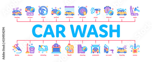 Car Wash Auto Service Minimal Infographic Web Banner Vector. Automatical Car Wash Building And Equipment, Cleaning Liquid Bottle And Air Freshener Illustrations