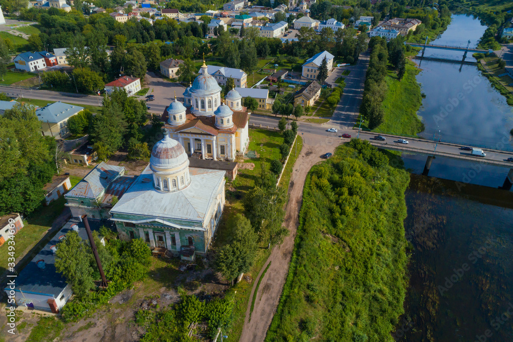 Top view of the Transfiguration Cathedral and the Church of the Entrance of Jerusalem on a July  sunny day. Torzhok, Russia