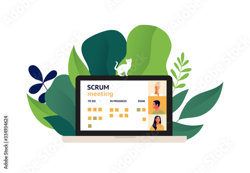 Stand-up meeting during covid-2019 quarantine vector illustration. Lockdown. Remote work. Home office. Agile and scrum methodology. Scrum master with developer team. Kanban whiteboard with stickers. 