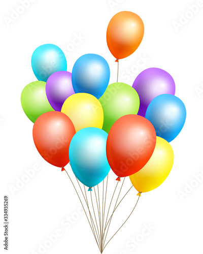 The bundle of flight up 3D rainbow color helium balloons on a white background. Realistic colorful design elements in red  orange  yellow  green  blue  purple. Vector Illustration.