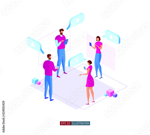 Trendy flat illustration. People are messaging. Office workers planing business mechanism, analyze business strategy and exchange ideas. Template for your design works. Vector graphics.