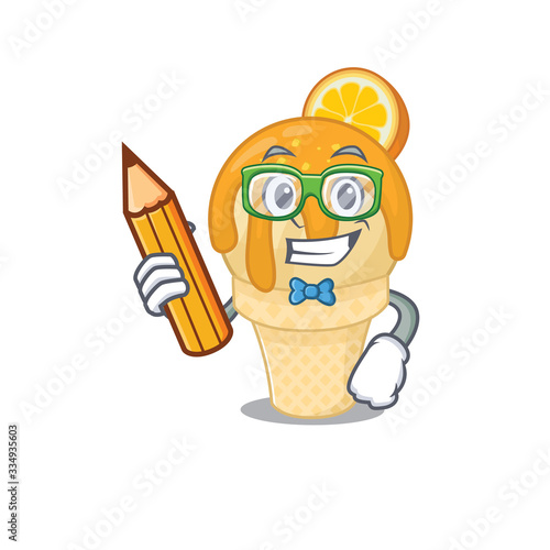 A brainy student orange ice cream cartoon character with pencil and glasses
