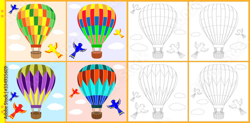 Balloon and birds in the sky. Vector illustration for antistress coloring book for children and adults. Page with black and white contour variant and with color drawing