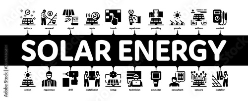 Solar Energy Technicians Minimal Infographic Web Banner Vector. Solar Energy Battery And Panel, Alternative Power Technology, Installation And Repair Illustrations
