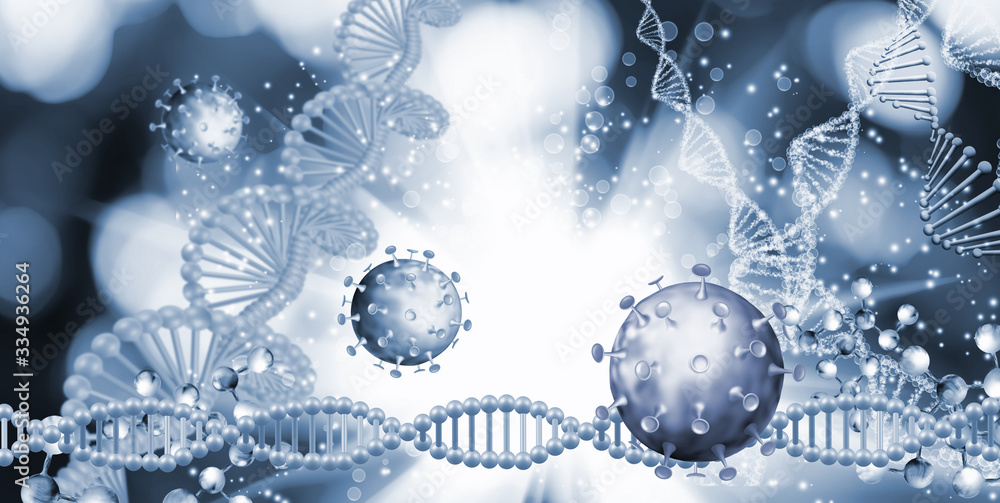 Abstract image of coronaviruses on the background of a stylized image of the DNA chain. Abstract image of coronaviruses on the background of a stylized image of the DNA chain.