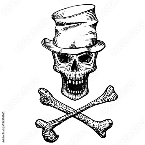 Hand drawn skull of a dead man in a crumpled top hat, with crossbones, on a white background. Vector illustration (ID: 334936240)