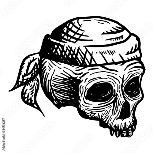 Hand drawn skull of a dead man in a bandana, on a white background. Vector illustration (ID: 334936297)