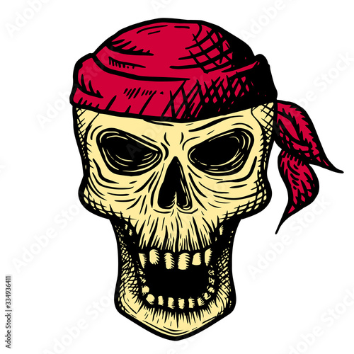 Hand drawn skull of a dead man in a red bandana, on a white background. Vector illustration (ID: 334936411)
