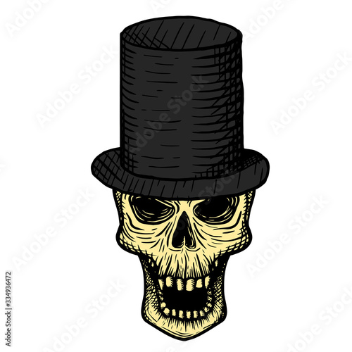Hand drawn skull of a dead man in a black top hat, on a white background. Vector illustration (ID: 334936472)