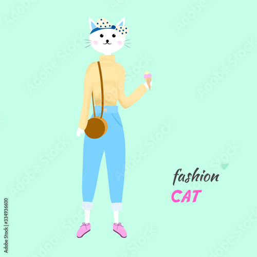 cute cat girl dressed in a fashionable clothes with a handbag in her hands. Cartoon vector illustration of fashion cat. suitable for t-shirts and other clothes. Cartoon kids illustration