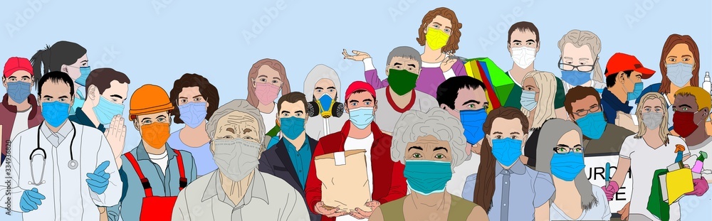 Group of people wearing medical masks to prevent disease, flu, air pollution, epidemic, covid-19, coronavirus. illustration in a flat style Group of people wearing medical masks to prevent disease, flu, air pollution, epidemic, covid-19, coronavirus. illustration in a flat style