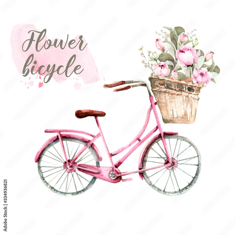 Hand painted watercolor set - pink bicycle with a basket with flowers- peonies and leaves, with watercolor stain.
