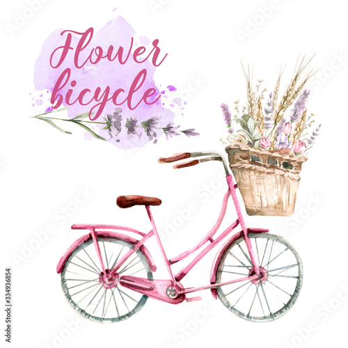 Hand painted watercolor provence set - pink bicycle with a basket with flowers- lavanders, roses and leaves, with watercolor stain. Rustic style. © 60seconds