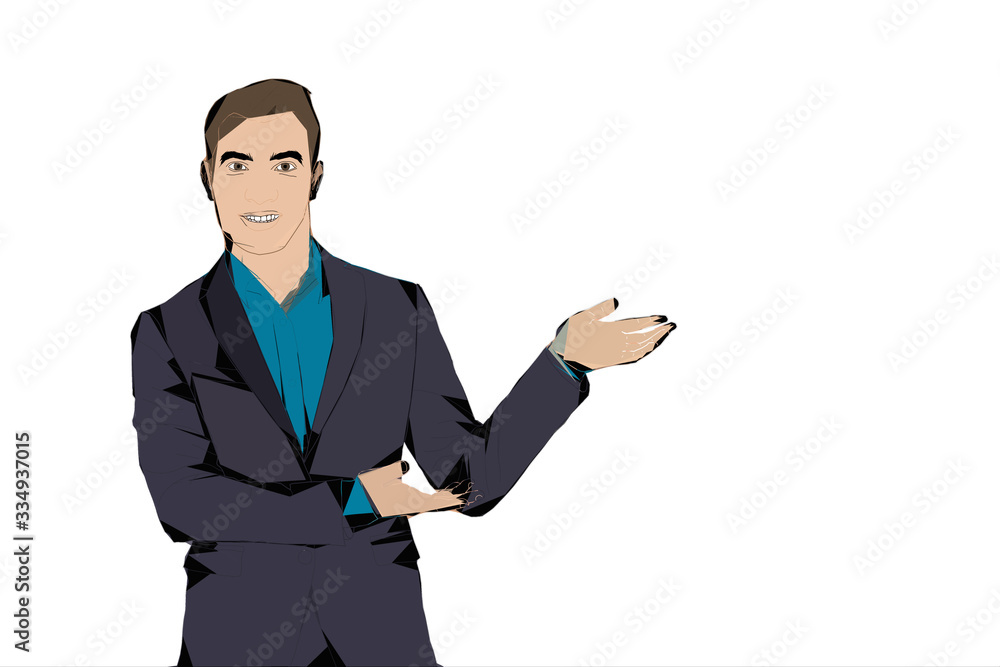 Happy man points to something. Character for advertisement. Guy shows a direction with a hand. illustration in cartoon style Happy man points to something. Character for advertisement. Guy shows a direction with a hand. illustration in cartoon style