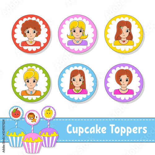 Cupcake Toppers. Set of six round pictures. Lovely smiling girls. Cartoon characters. Cute image. For birhday  party  baby shower.