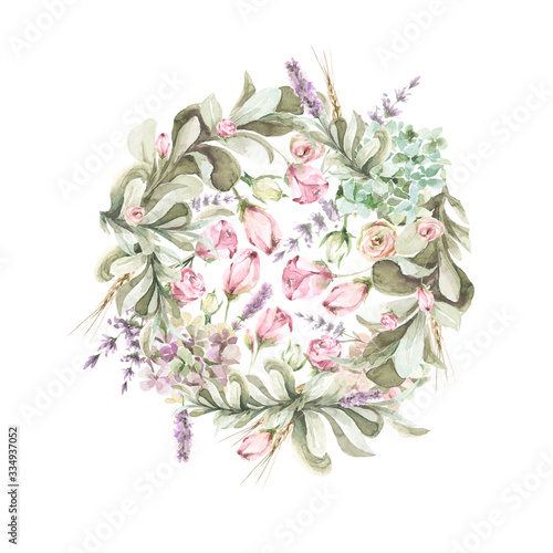 Fototapeta Naklejka Na Ścianę i Meble -  Hand painted watercolor provence circle with roses,hydrangea, lavander, ears and foliage. Romantic floral rustic set perfect for fabric textile, vintage paper, invitation or greeting cards.