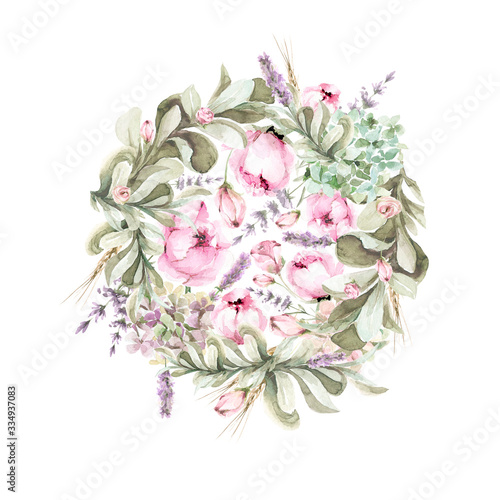 Fototapeta Naklejka Na Ścianę i Meble -  Hand painted watercolor provence circle with roses, peony, hydrangea, lavander, ears and foliage. Romantic floral rustic set perfect for fabric textile, vintage paper,, invitation or greeting cards.