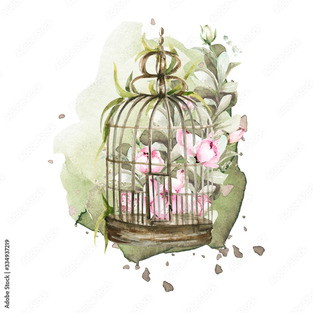 Hand painted watercolor set - bird cage with pink flowers-peony and leaves on the background of watercolor stain. Provence style