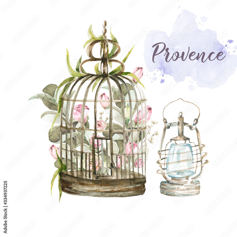 Hand painted watercolor set - bird cage with pink flowers-peony and leaves on the background of watercolor stain and lantern. Provence style