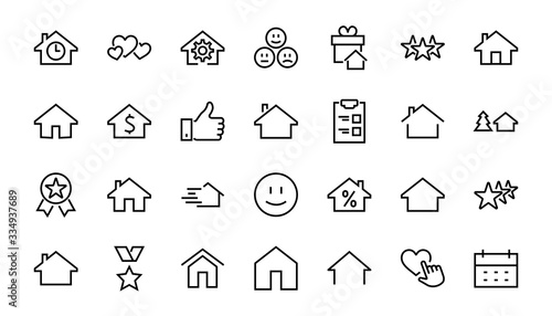 Simple set of line vector home icons. Contains house symbols at interest, infuse house and more. Editable stroke. 480x480 pixels perfect