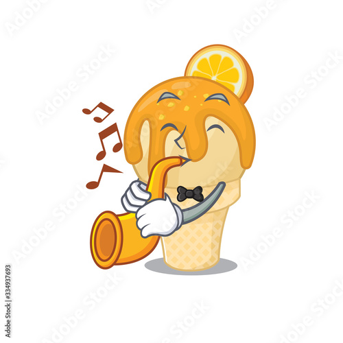 Talented musician of orange ice cream cartoon design playing a trumpet