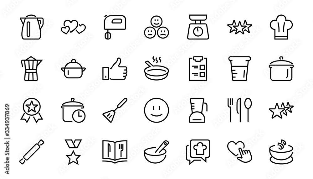 Fototapeta premium Set of icons for cooking and kitchen, vector lines, contains icons such as a knife, saucepan, boiling time, mixer, scales, recipe book. Editable stroke, perfect 480x480 pixels, white background