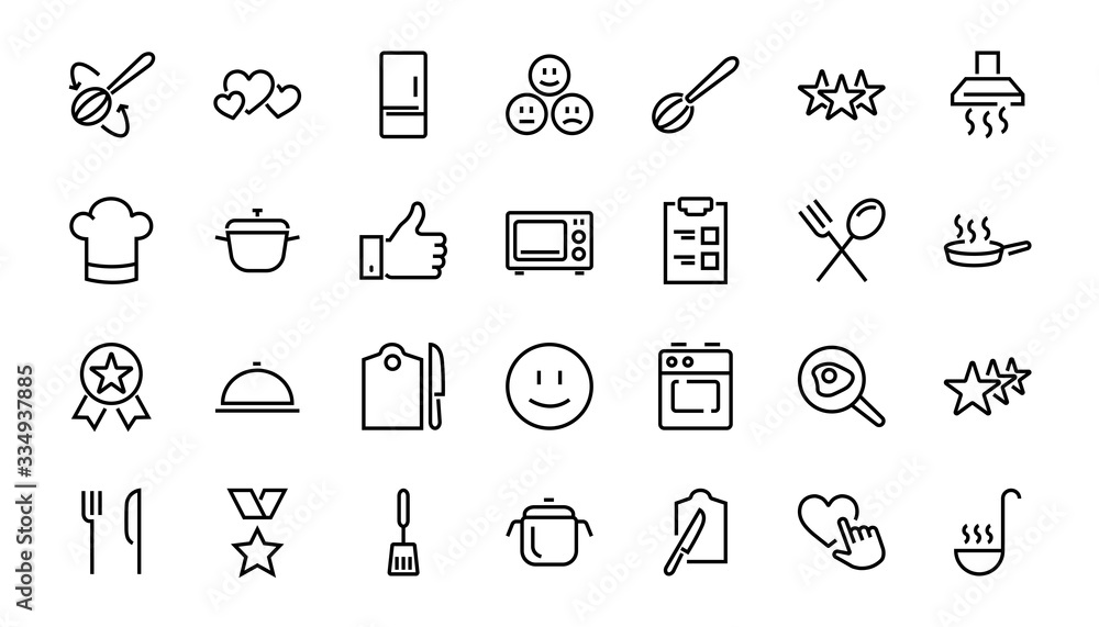 Set of cooking and kitchen icons, Vector lines, contains icons such as frying pan, frying, microwave, fork with spoon, Editable stroke, perfect 480x480 pixels, white background. Set of cooking and kitchen icons, Vector lines, contains icons such as frying pan, frying, microwave, fork with spoon, Editable stroke, perfect 480x480 pixels, white background.