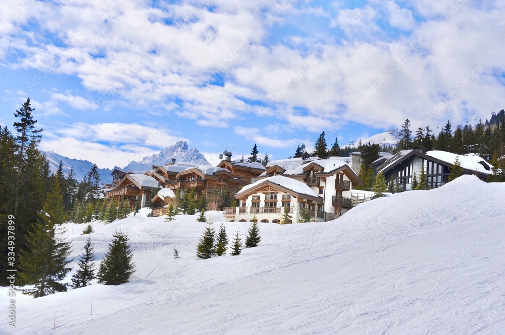 Ski resort view with beautiful chalets
