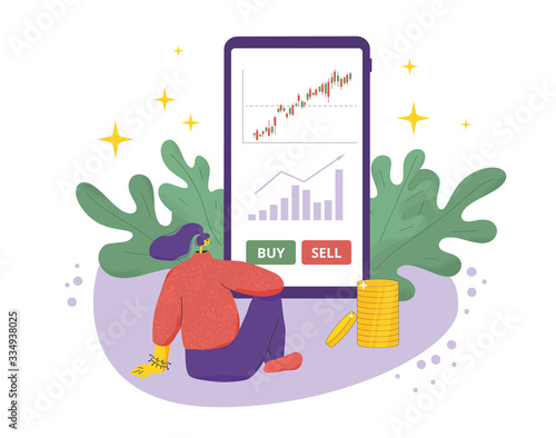 Girl sitting on the floor with invest app. Vector