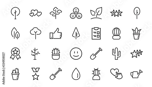   A set of Rosteniya Icons, and garden care, Vector illustration, Contains Icons such as tree, cactus, watering can, spade, flower and much more. on a white background, editable bar 480x480