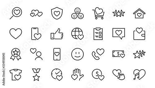  The set of icons about love contains such icons as love of music, declaration of love, heart, favorite home, Linear set. Vector on a white background. Editable stroke. 480x480
