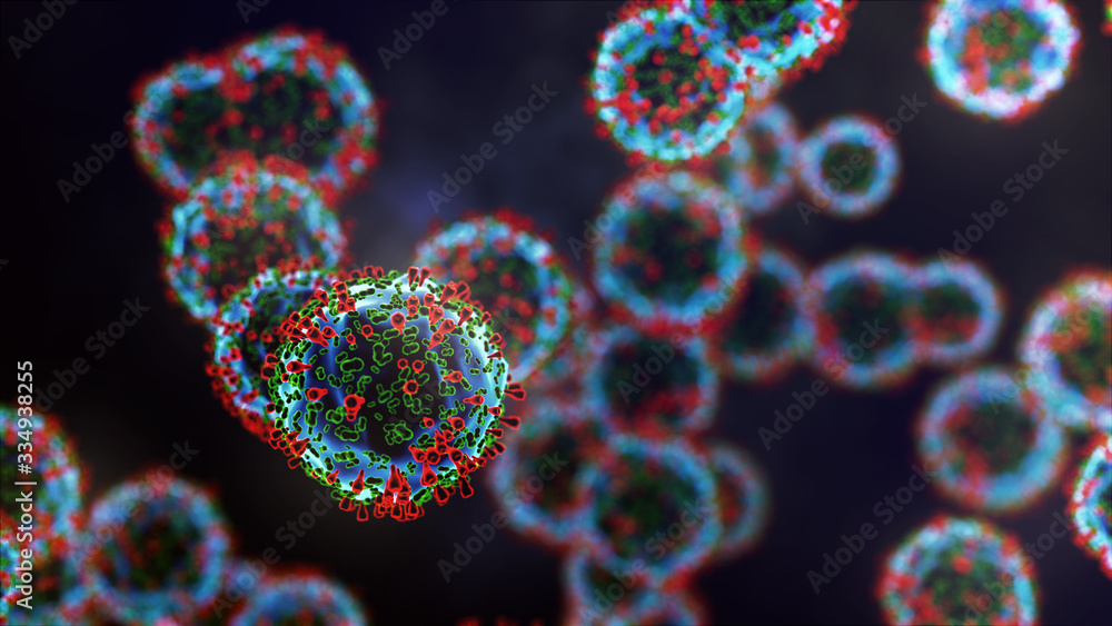 Virus Covid-19 infection 3D medical illustration. Microscopic view of floating China pathogen respiratory influenza virus cells. Dangerous asian ncov corona virus, pandemic risk background.Covid virus