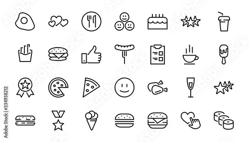   A simple set of fast food icons related to the vector line. Contains icons such as pizza, burger, sushi, bike, scrambled eggs and more. EDITABLE stroke. 480x480 pixels perfect, EPS 10