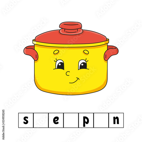 Words puzzle. Stewpan. Education developing worksheet. Learning game for kids. Color activity page. Puzzle for children. English for preschool. Vector illustration. Cartoon style.