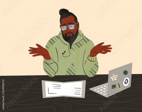 Bearded men sitting with laptop. Vector design.
