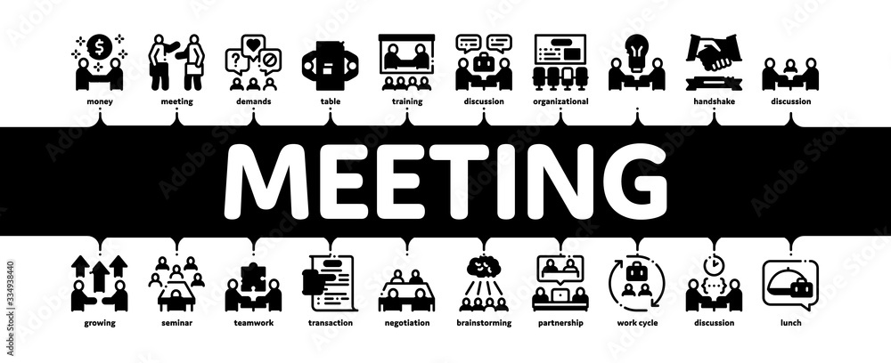 Business Meeting Conference Minimal Infographic Web Banner Vector. Business Meeting And Seminar, Businessman Partnership, Communication And Talking Illustrations Business Meeting Conference Minimal Infographic Web Banner Vector. Business Meeting And Seminar, Businessman Partnership, Communication And Talking Illustrations