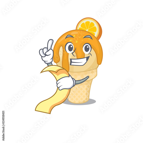 Orange ice cream mascot character design with a menu on his hand