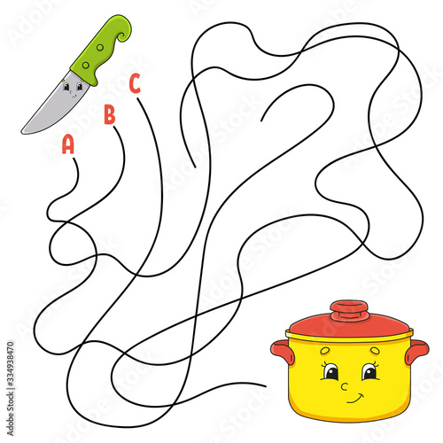 Easy maze. Knife and stewpan. Labyrinth for kids. Activity worksheet. Puzzle for children. Cartoon character. Logical conundrum. Color vector illustration.