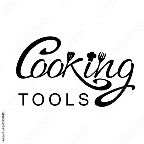Wooden Kitchen accessories Logo design vector template. It's cooking time. Baking tools spatula, fork. Logotype Concept icon for shop, school, chef classes branding. Handwritten lettering illustration