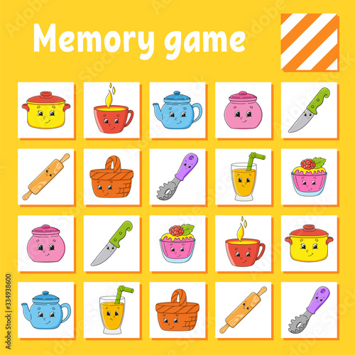 Memory game for kids. Education developing worksheet. Activity page with pictures. Puzzle game for children. Logical thinking training. Isolated vector illustration. Funny character. Cartoon style.