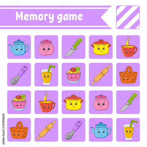 Memory game for kids. Education developing worksheet. Activity page with pictures. Puzzle game for children. Logical thinking training. Isolated vector illustration. Funny character. Cartoon style.
