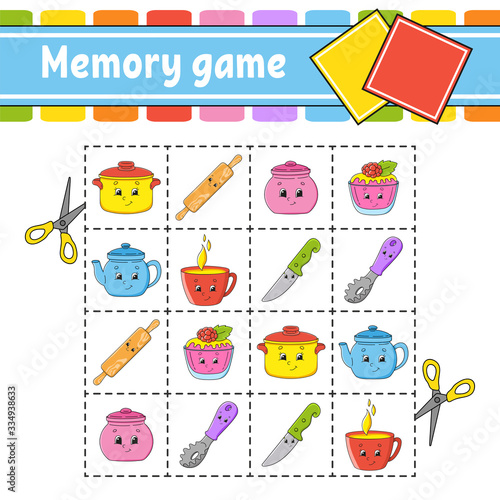 Memory game for kids. Education developing worksheet. Activity page with pictures. Puzzle game for children. Logical thinking training. Isolated vector illustration. Funny character. Cartoon style.