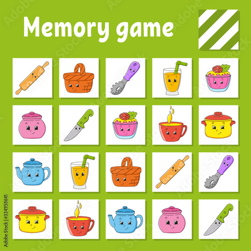 Memory game for kids. Education developing worksheet. Activity page with pictures. Puzzle game for children. Logical thinking training. Isolated vector illustration. Funny character. Cartoon style.