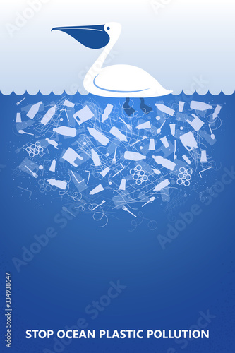 Stop ocean plastic pollution. Ecological poster Pelican in water with white plastic waste bag, bottle on blue background. Copy space place. Flat design.