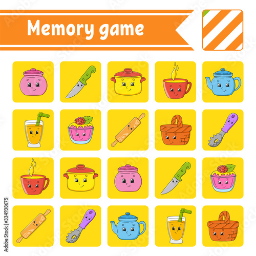 Memory game for kids. Education developing worksheet. Activity page with pictures. Puzzle game for children. Logical thinking training. Isolated vector illustration. Funny character. Cartoon style.