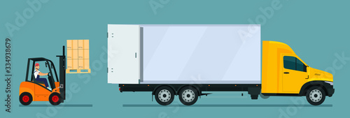 Forklift truck loading. Vector flat style illustration.